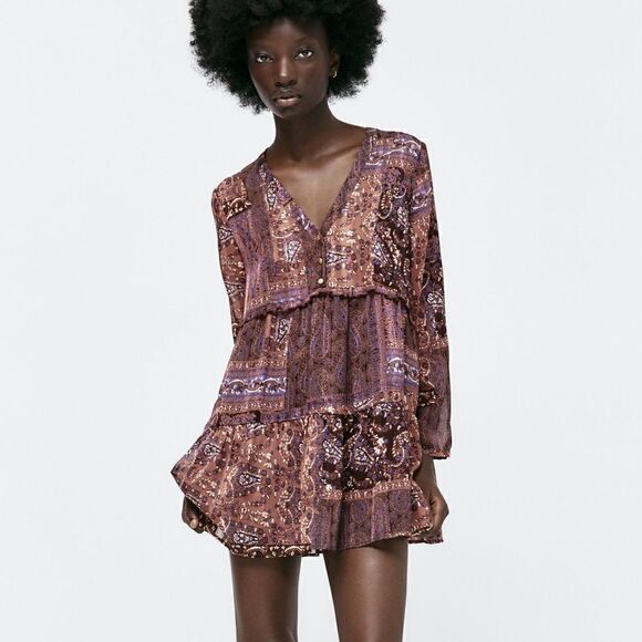 ZARA BOHO PATCHWORK PRINT MINI DRESS - Picture 1 of 12